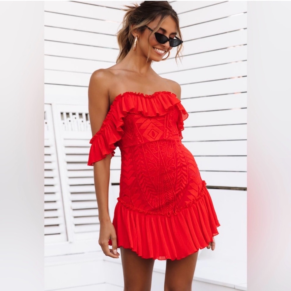 Saints and Secrets Off-Shoulder Mini Dress Red Ruffle